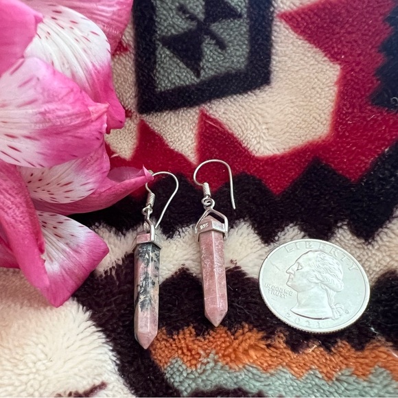 ❤️ Rhodonite Crystal Shaped Sterling Silver 925 Dangle Handcrafted Earrings - Picture 3 of 7